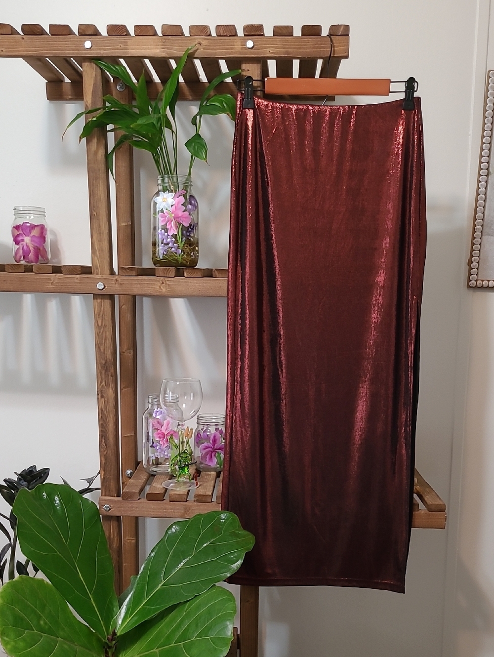 JoJoX Cupshe Deep Red Wine Metallic Maxi Skirt - Picture 1 of 8